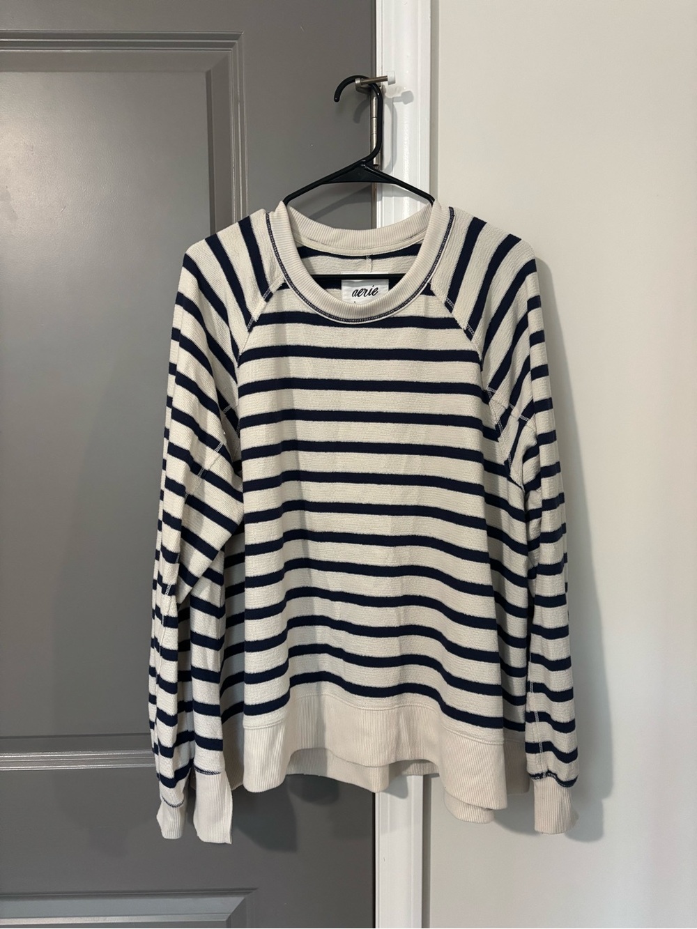 Aerie Navy and Cream Stripe Crewneck Sweater